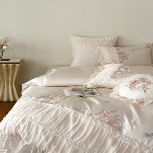 Lace edge embroidery quilt cover super soft bed sheets queen king pink floral bedding set