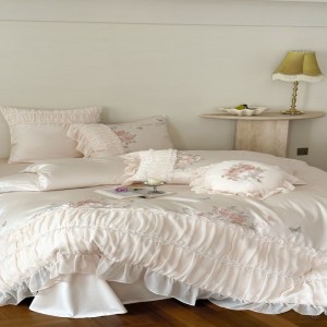 Lace edge embroidery quilt cover super soft bed sheets queen king pink floral bedding set