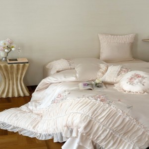 Lace edge embroidery quilt cover super soft bed sheets queen king pink floral bedding set