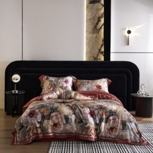 High class red floral printing duvet cover 100S lyocell cotton bed sheets bedding set