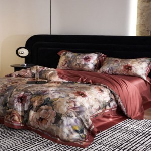 High class red floral printing duvet cover 100S lyocell cotton bed sheets bedding set