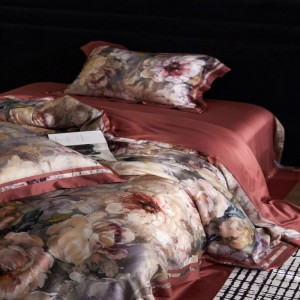 High class red floral printing duvet cover 100S lyocell cotton bed sheets bedding set