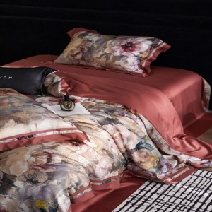 High class red floral printing duvet cover 100S lyocell cotton bed sheets bedding set