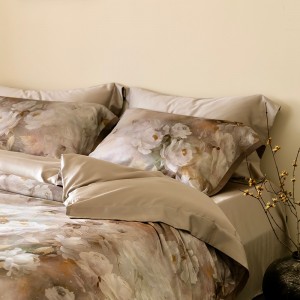 Customized Brown Printing Lyocell Cotton Yarn Dyed Bed Sheet Sets Bedding Set