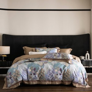 Hot-selling 4-pieces textile leaves printing 2m/2.2m bedsheet flat sheets blue 1.8m cotton quilt cover premium bedding set manufacture