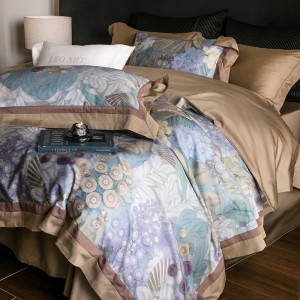 Hot-selling 4-pieces textile leaves printing 2m/2.2m bedsheet flat sheets blue 1.8m cotton quilt cover premium bedding set manufacture