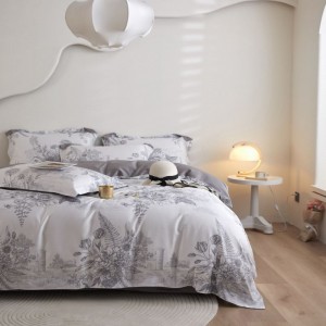 Grey plant floral printing quilt cover bed sheets super soft 120S cotton bedding set