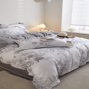 Grey plant floral printing quilt cover bed sheets super soft 120S cotton bedding set