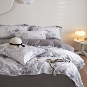 Grey plant floral printing quilt cover bed sheets super soft 120S cotton bedding set
