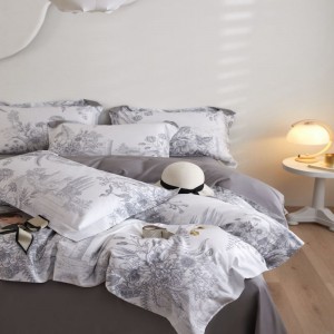 Grey plant floral printing quilt cover bed sheets super soft 120S cotton bedding set