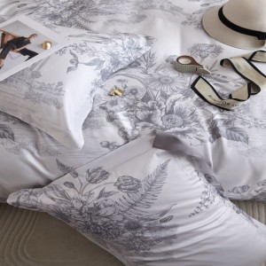 Grey plant floral printing quilt cover bed sheets super soft 120S cotton bedding set