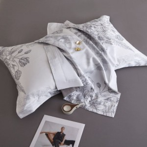 Grey plant floral printing quilt cover bed sheets super soft 120S cotton bedding set