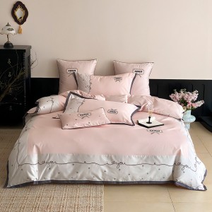 Hot selling sateen cotton 4-pieces textile ODM coverlets embroidery bedsheets pink bed linen bedding set wholesaler