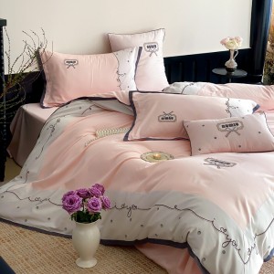 Hot selling sateen cotton 4-pieces textile ODM coverlets embroidery bedsheets pink bed linen bedding set wholesaler