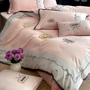 Hot selling sateen cotton 4-pieces textile ODM coverlets embroidery bedsheets pink bed linen bedding set wholesaler