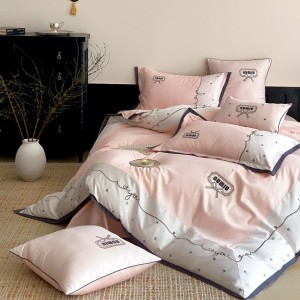 Hot selling sateen cotton 4-pieces textile ODM coverlets embroidery bedsheets pink bed linen bedding set wholesaler