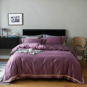 Light luxury senior satin cotton bed linen exquisite king size purple solid color patchwork comforter cover bedroom bedding set wholesaler