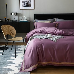 Light luxury senior satin cotton bed linen exquisite king size purple solid color patchwork comforter cover bedroom bedding set wholesaler