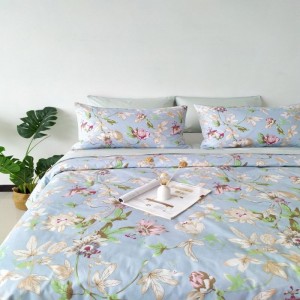60S Stain Long Staple Cotton Floral Plant Digital Printing Quilt Cover Bed Sheets Pillowcases Blue Bedding Set