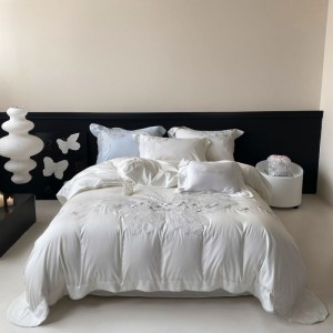 500TC Lyocell Cotton White Embroidery Quilt Cover Skin-friendly Bed Sheets Light Luxury Bedding Set