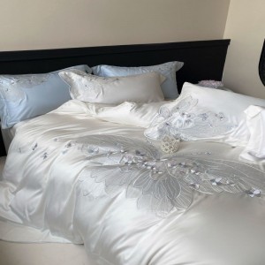500TC Lyocell Cotton White Embroidery Quilt Cover Skin-friendly Bed Sheets Light Luxury Bedding Set