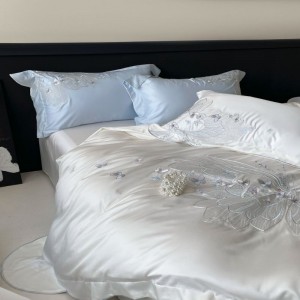 500TC Lyocell Cotton White Embroidery Quilt Cover Skin-friendly Bed Sheets Light Luxury Bedding Set