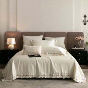 Silk And Lyocell Floral Embroidery Lace Edge Summer Quilt Soft Bed Sheets White 4PCS Bedding Set