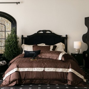 High End Brown Jacquard Duvet Quilt Comforter Cover 100% Cotton Floral Embroidery Lace Edge Bedding Set With Bed Sheets Pillowcases