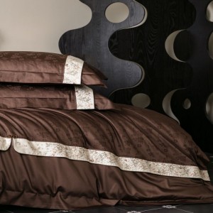 High End Brown Jacquard Duvet Quilt Comforter Cover 100% Cotton Floral Embroidery Lace Edge Bedding Set With Bed Sheets Pillowcases