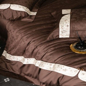 High End Brown Jacquard Duvet Quilt Comforter Cover 100% Cotton Floral Embroidery Lace Edge Bedding Set With Bed Sheets Pillowcases