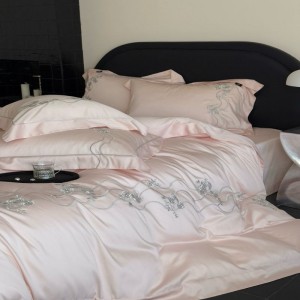 High Grade Luxury Embroidery Quilt Cover Pink Bed Sheets Double Pillowcases Lyocell Cotton Bedding Set