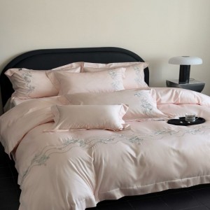 High Grade Luxury Embroidery Quilt Cover Pink Bed Sheets Double Pillowcases Lyocell Cotton Bedding Set