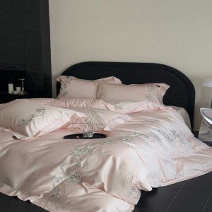 High Grade Luxury Embroidery Quilt Cover Pink Bed Sheets Double Pillowcases Lyocell Cotton Bedding Set