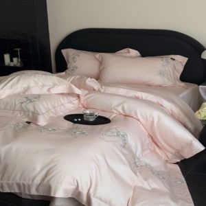 High Grade Luxury Embroidery Quilt Cover Pink Bed Sheets Double Pillowcases Lyocell Cotton Bedding Set