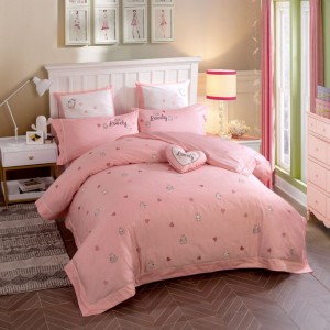 300TC Satin Embroidery Cute Cartoon Quilt Cover Pink Bed Sheets Children Bedroom Home Textile Kids Bedding Set