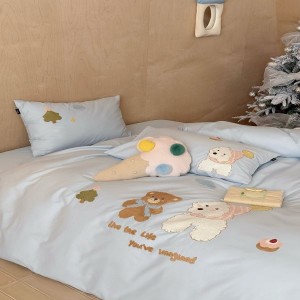 100S Pure Cotton Brushed Cartoon Towel Embroidery Duvet Comforter Cover Blue Bed Sheets Children Bedding Set