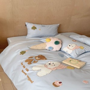 100S Pure Cotton Brushed Cartoon Towel Embroidery Duvet Comforter Cover Blue Bed Sheets Children Bedding Set