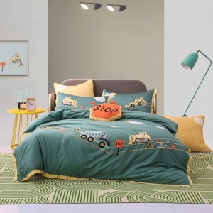 Stain Embroidery Quilt Cover 60S Long Staple Cotton Bed Sheets Cute Children Green Bedding Set