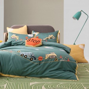 Stain Embroidery Quilt Cover 60S Long Staple Cotton Bed Sheets Cute Children Green Bedding Set