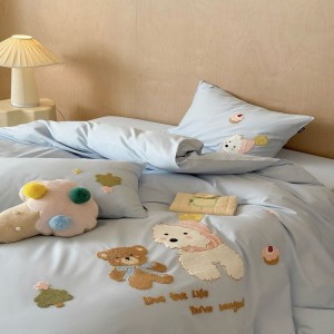100S Pure Cotton Brushed Cartoon Towel Embroidery Duvet Comforter Cover Blue Bed Sheets Children Bedding Set