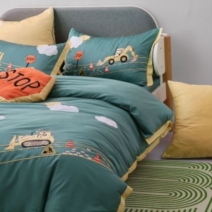 Stain Embroidery Quilt Cover 60S Long Staple Cotton Bed Sheets Cute Children Green Bedding Set