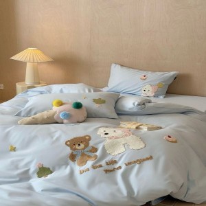 100S Pure Cotton Brushed Cartoon Towel Embroidery Duvet Comforter Cover Blue Bed Sheets Children Bedding Set