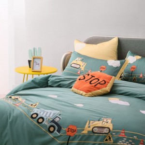 Stain Embroidery Quilt Cover 60S Long Staple Cotton Bed Sheets Cute Children Green Bedding Set