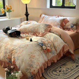 High-end French ruffled floral and plant printed quilt cover pure cotton double-layer yarn four-piece bedding set