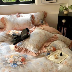 High-end French ruffled floral and plant printed quilt cover pure cotton double-layer yarn four-piece bedding set