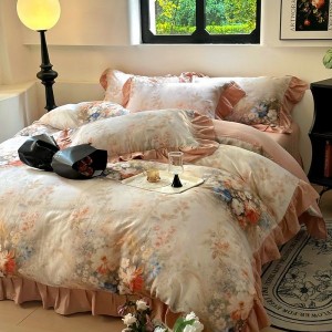High-end French ruffled floral and plant printed quilt cover pure cotton double-layer yarn four-piece bedding set