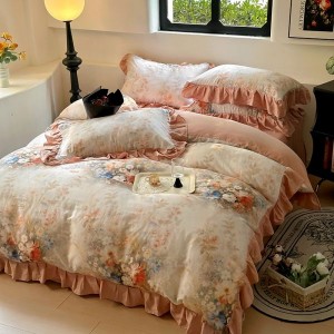 High-end French ruffled floral and plant printed quilt cover pure cotton double-layer yarn four-piece bedding set