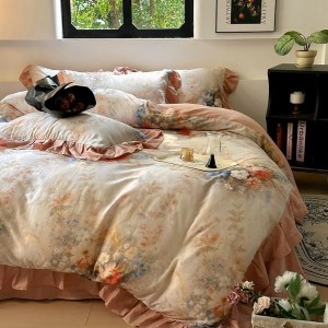 High-end French ruffled floral and plant printed quilt cover pure cotton double-layer yarn four-piece bedding set