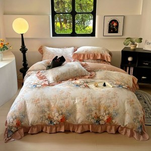 High-end French ruffled floral and plant printed quilt cover pure cotton double-layer yarn four-piece bedding set