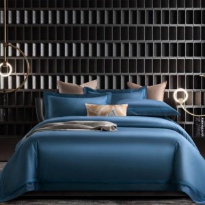 High Count 100% Cotton Embroidery Quilt Cover Bed Sheets Queen Size Navy Blue Bedding Set